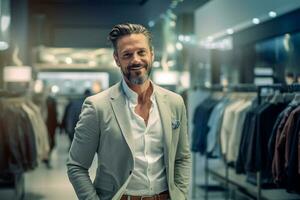 uma feliz homem olhando moda e escolhendo eles dentro uma moderno compras loja com generativo ai foto