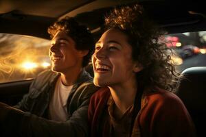 jovem casal sorridente dentro carro dirigindo com generativo ai foto