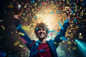 uma feliz vencedora em etapa segurando troféu dentro dele mãos com colorida luz confete com generativo ai foto