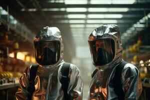 dois Engenharia trabalhadores dentro protetora terno em pé dentro uma fábrica com generativo ai foto
