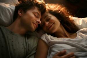 feliz casal dormindo em uma cama dentro romântico humor com generativo ai foto