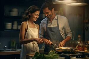 feliz mulher e homem cozinhando e preparando Comida dentro a cozinha com generativo ai foto