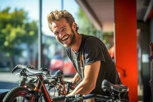 feliz homem fixação bicicleta em uma bicicleta prateleira com generativo ai foto