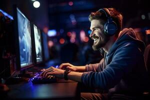 uma feliz jogador homem vestindo fones de ouvido é usando uma computador às noite com generativo ai foto