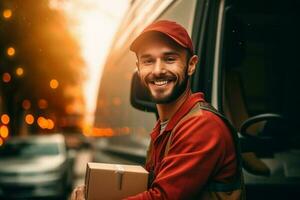 sorridente Entrega homem é segurando uma pacote lado de fora uma Entrega furgão com generativo ai foto