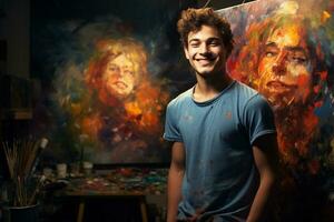 jovem feliz homem artista pintor dentro estúdio às tarde com generativo ai foto