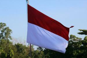 indonésio bandeira tremulando com nuvens fundo - símbolo do nacional orgulho e serenidade foto