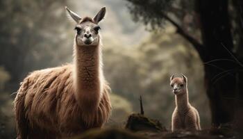 fofa alpaca pastar em suave montanha Prado gerado de ai foto