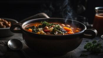 saudável vegetariano ensopado cozinhou dentro rústico louça gerado de ai foto