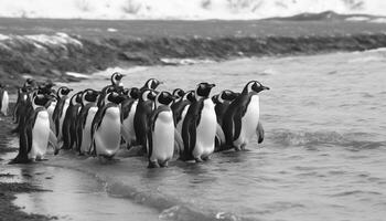 bamboleando pinguins explorar gelado litoral dentro inverno gerado de ai foto