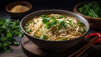 saudável vegetariano macarrão sopa com fresco legumes gerado de ai foto