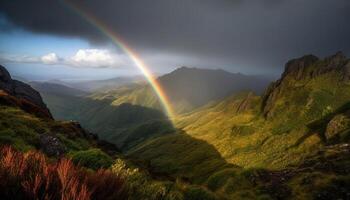majestoso montanha faixa, arco Iris dentro a céu gerado de ai foto
