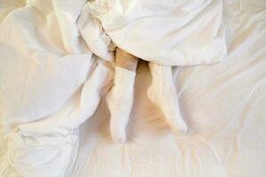 pernas dentro caloroso perneiras e lã meias olhadinha Fora a partir de debaixo a cobertor. foto