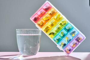 brilhante comprimido caixa com diferente pílulas e vitaminas Próximo para uma vidro do água. foto