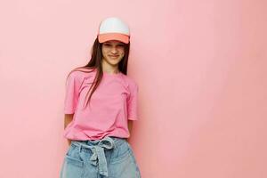 fofa jovem menina verão estilo Rosa camiseta emoções foto