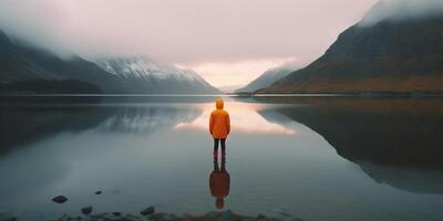 homem lago capa amarelo natureza água montanha sozinho costas caminhada viagem. generativo ai. foto