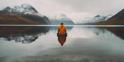 homem natureza viagem amarelo costas montanha caminhada água Alpes lago capa. generativo ai. foto