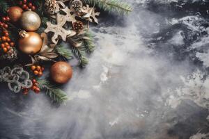 flocos de neve Natal decoração Novo cartão fundo árvore ano Natal ouro feriado feliz. generativo ai. foto