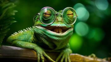 verde réptil óculos escala lagarto animais selvagens fechar-se animal iguana retrato. generativo ai. foto