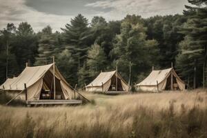 acampamento viagem glamping natureza barraca luxo período de férias floresta luz tela. generativo ai. foto