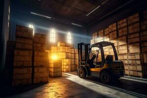 Sol transporte armazém armazenamento Entrega carga caixa logístico empilhadeira distribuição. generativo ai. foto