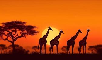 selvagem natureza África elefante safári silhueta animal animais selvagens girafa pôr do sol. generativo ai. foto