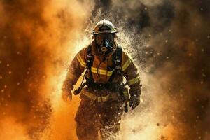 equipamento bombeiro bombeiro lutador emergência uniforme fumaça resgate segurança fogo. generativo ai. foto