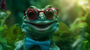 réptil animais selvagens iguana lagarto retrato fechar-se verde escala óculos animal. generativo ai. foto