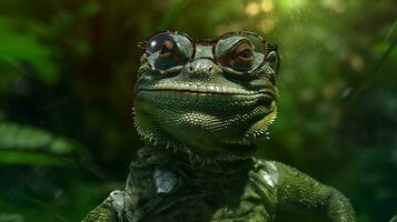 animais selvagens réptil verde fechar-se lagarto retrato escala animal óculos iguana. generativo ai. foto