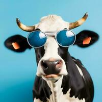 retrato oculos de sol engraçado óculos fundo vaca cabeça animal face cópia de azul espaço. generativo ai. foto