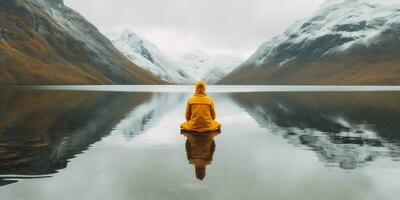 capa homem água viagem natureza lago conceito costas montanha caminhada amarelo. generativo ai. foto