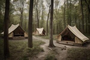 viagem glamping luxo floresta período de férias natureza tela de pintura acampamento luz barraca. generativo ai. foto