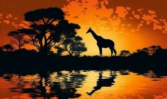 animal silhueta selvagem elefante safári natureza animais selvagens girafa África pôr do sol. generativo ai. foto