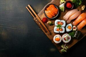 Sushi peixe Comida frutos do mar japonês lista saudável arroz ásia fresco. generativo ai. foto
