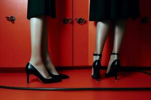 mulher azul moda conceito pé lindo perna vermelho sapato colorida luxo. generativo ai. foto