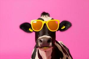 personagem face animal engraçado colorida fofa cabeça retrato vaca oculos escuros. generativo ai. foto