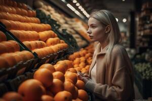 mulher mercearia compras vegetal loja escolhendo fruta saudável Comida mercado noite. generativo ai. foto