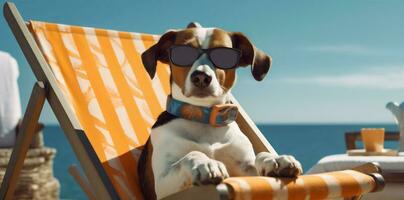 preguiçoso cachorro período de férias de praia oculos de sol verão relaxar cadeira animal engraçado. generativo ai. foto