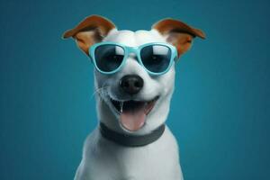 animal cachorro oculos de sol engraçado retrato animal fundo fofa sorrir azul isolado. generativo ai. foto