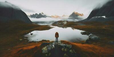 homem água lago amarelo verão costas capa caminhada viagem montanha natureza. generativo ai. foto