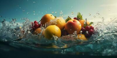 fresco Comida saudável Vitamina fruta verde dieta fundo água morango derrubar. generativo ai. foto