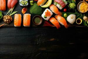 ásia arroz Sushi frutos do mar fresco peixe Comida japonês saudável rolar. generativo ai. foto