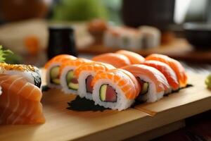 arroz Sushi peixe conjunto Japão frutos do mar Comida refeição japonês rolar. generativo ai. foto