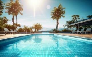 luxo azul Palma piscina natação água casa verão ampla relaxamento. generativo ai. foto
