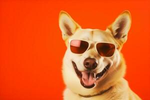 oculos de sol cachorro isolado retrato animal fundo sorrir animal engraçado laranja bonitinho. generativo ai. foto
