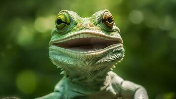 retrato fechar-se iguana escala óculos animal verde réptil lagarto animais selvagens. generativo ai. foto