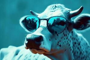 vaca engraçado cabeça face óculos animal espaço cópia de retrato oculos de sol fundo azul. generativo ai. foto