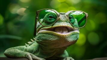 iguana verde animal lagarto réptil escala animais selvagens fechar-se óculos retrato. generativo ai. foto