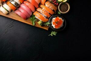 Sushi ásia lista japonês Comida arroz peixe saudável frutos do mar fresco. generativo ai. foto
