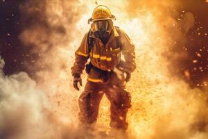 fumaça lutador fogo resgate uniforme emergência segurança equipamento bombeiro bombeiro. generativo ai. foto